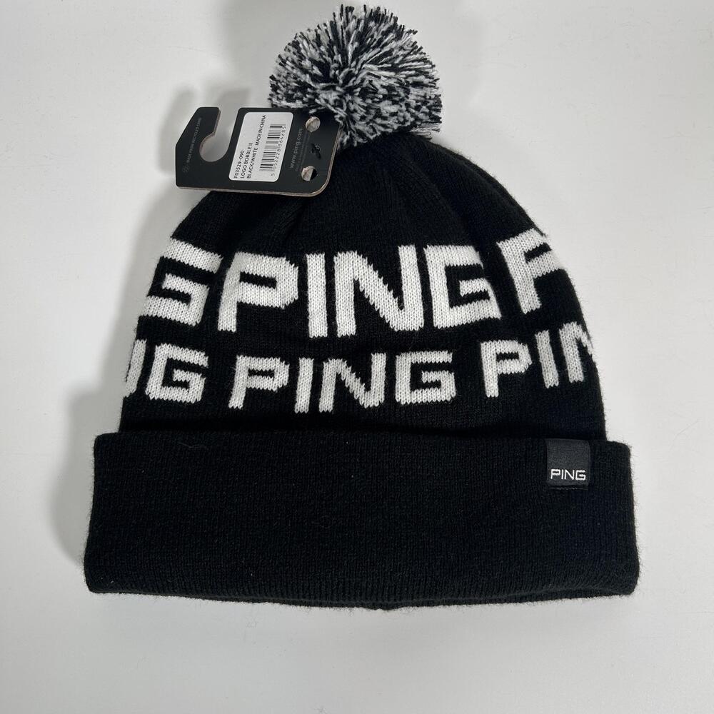 Ping Logo Bobble II Hat Beanie Mens One Size Black White Knit Golf Winter Pom